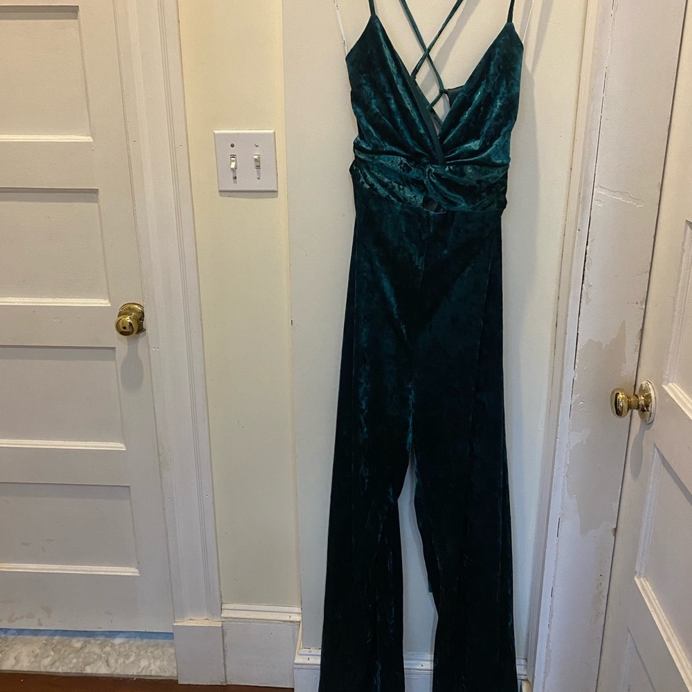 Lulu’s Dreams of Disco Emerald Green Velvet Lace-Up Jumpsuit